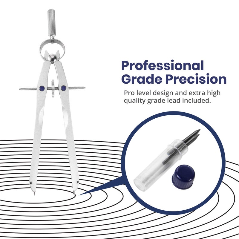 Pacific Arc Metal Professional Compass, Perfect Spring Bow Compass for Math, Geometry, or Drafting, Up to 8" Diameter Large, Comes with Lead and Lock - Image 5